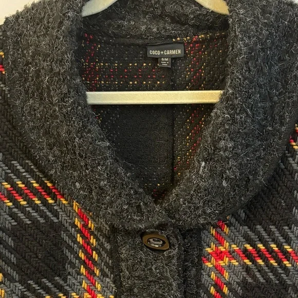Coco+Carmen Women’s Grey Wool Blend Plaid V-Neck Cardigan Sweater Jacket Sz S/M - Picture 2 of 10